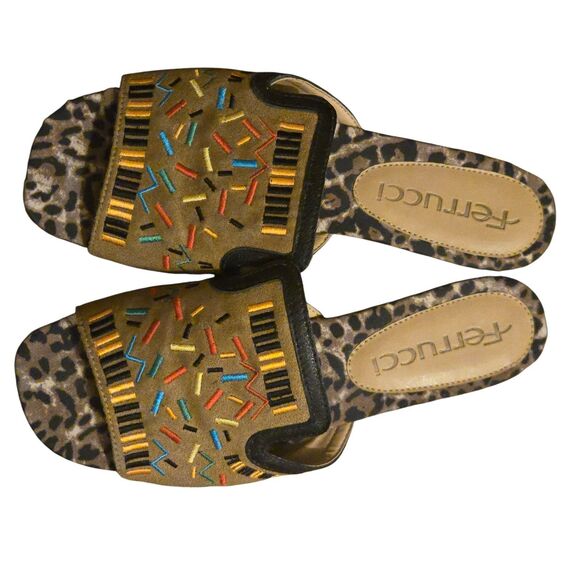 Ferrucci Leopard Embroidered Sandal US 7B Leather Suede Hand Made Maximalist - Picture 8 of 12